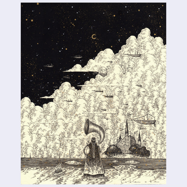 Black ink illustration of a robed figure, facing away from the viewer and holding a large horn. It looks out to a far off castle backed by many large, fluffy clouds with flying airships. 