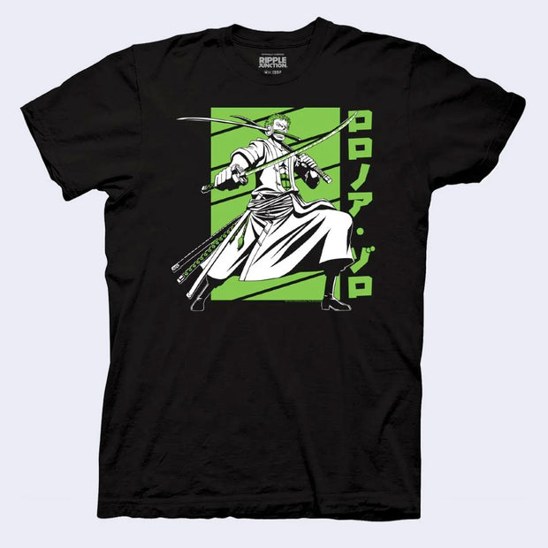 Black t-shirt with a graphic of Zoro from One Piece, standing in a wide stance with his 3 swords wielded. Graphic is white and bright green.