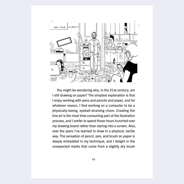 Page excerpt, featuring a black and white comic illustration of a man standing in a very messy room. Below, is a paragraph of text.