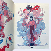 Fanzine excerpt, printing in red and blue ink of 2 pages of illustrations inspired by the film Akira. Illustration features a girl standing and looking forward, with many chaotic clouds and other characters looming behind her.