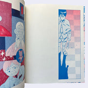 Fanzine excerpt, printing in red and blue ink of 2 pages of illustrations inspired by the film Akira. Illustration features a peek of a boy wearing a nice short suit and looking forward, with his shadow drawn out in front of him on tile floor.