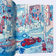 Fanzine excerpt, printing in red and blue ink of 2 pages of illustrations inspired by the film Akira. Illustration features a busy street with many pedestrians in a cyber punk style world.