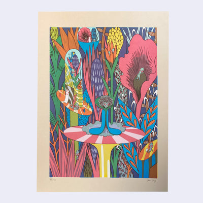 Illustration of a small red eyed alien standing atop of a striped mushroom, in the middle of an incredibly colorful forest of plants and leaves, with small aliens in the setting.