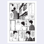 Greyscale manga page, featuring a 5 panel comic following 2 characters walking into an apartment and talking.