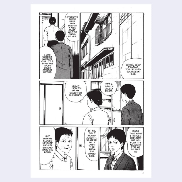 Greyscale manga page, featuring a 5 panel comic following 2 characters walking into an apartment and talking.