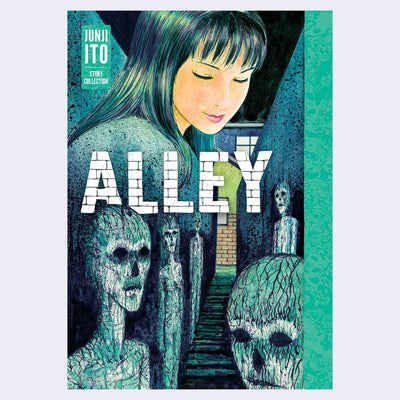 Cover illustration of Alley, featuring a girl with a calm, closed eye smiling expression. Below her are several skinny, zombie like characters standing in a narrow alleyway.