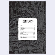 Table of contents for Alley, featuring a dark gray and black illustration as the background and a list of 10 different stories.