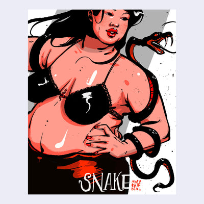 Risograph print of a woman with light red skin, wearing a black bra and black pants. She is seen mostly from the waist up with her hand on her hip and the other arm out of the image area. A black and red snake with sharp fangs is wrapped around her arm.