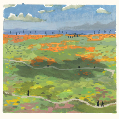 Plein air painting of a large expansive field with many orange poppy blooms and a blue sky overhead. People walk along the carved out paths.