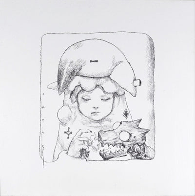 Softly rendered graphite drawing of a girl with puffy clothing around her she holder her finger out to a robotic dog which has its mouth open.