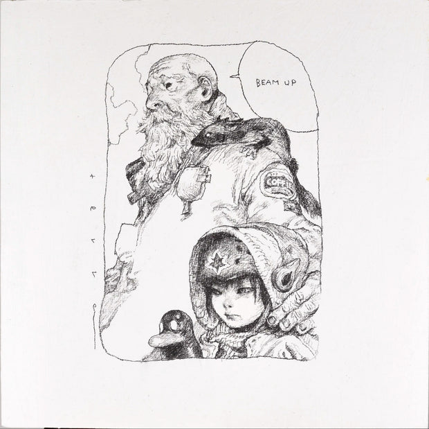 Graphite drawing of an old man with his hands on the shoulder of a smaller person who wears a helmet and a hood 