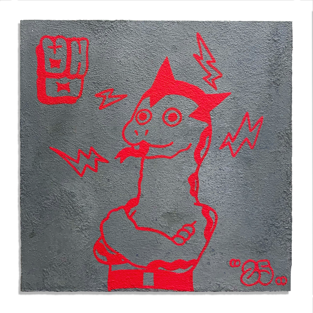 Red line art illustration on a dark gray panel with the texture of cement. Illustration is of a superhero, possible Astroboy, standing with buff arms crossed and a snake face. Lightning bolts out around him.