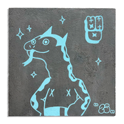 Blue line art illustration on a dark gray panel with the texture of cement. Illustration is of a superhero with a snake for a face, standing with arms on its hips. Star designs are around him.