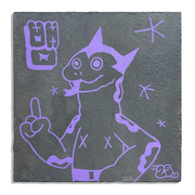 Purple line art illustration on a dark gray panel with the texture of cement. Illustration is of a superhero with a snake for a face, standing with one arm on his hip and the other with a pointed finger, as though talking. Star designs are around him.