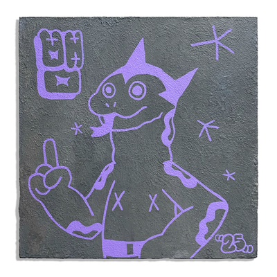 Purple line art illustration on a dark gray panel with the texture of cement. Illustration is of a superhero with a snake for a face, standing with one arm on his hip and the other with a pointed finger, as though talking. Star designs are around him.