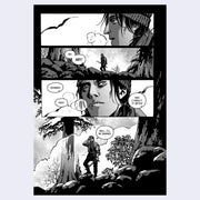 Greyscale manga page - featuring 3 panels placed atop a larger full page illustration of a man hiking through a forest during winter and encountering something.