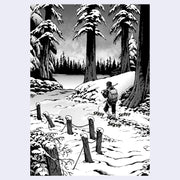 Greyscale manga page - a full page illustration of a character trudging through a snowy landscape.