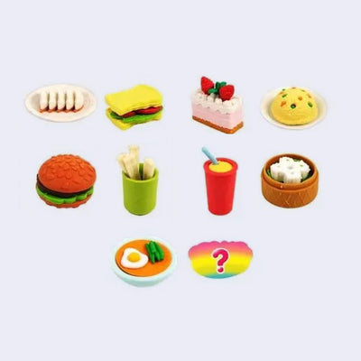 10 small erasers shaped like foods such as  dumplings, cake, omelettes, burgers, fries, sodas, curry, etc.