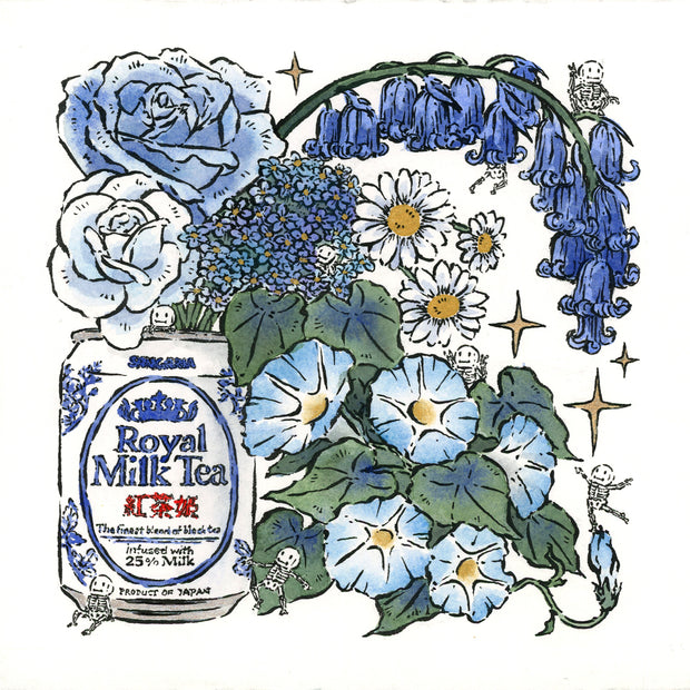 Ink and watercolor illustration of various bouquets of blue flowers coming out of a Royal Milk Tea can with small skeleton characters decorating with the scene.