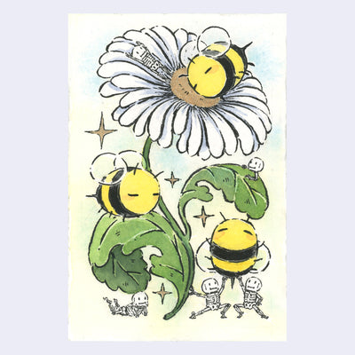 Ink and watercolor illustration of a large white flower with a green stem. 3 large round cartoon bumblebees play on the flowers with small cartoon skeletons nearby.