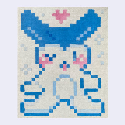 Painting of an 8bit pixel style bunny, with blue ears and pink cheeks and a little tongue. A pink heart floats overhead.