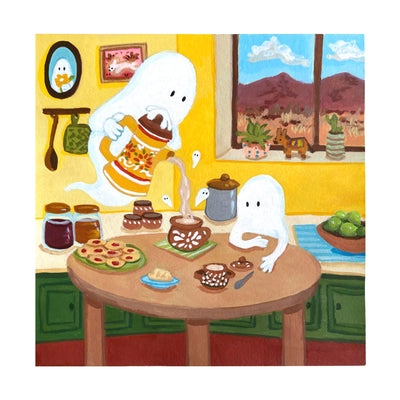 Illustration of a pair of ghosts in a vibrant, Mexican inspired kitchen with yellow walls and a desert landscape seen through the windows. One ghost sits at a round kitchen table while the other hovers and pours coffee from a carafe. Small ghosts fly out of the coffee.