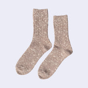 Cotton crew socks thickly knit with a light  brown and white thread. Each color is mixed.