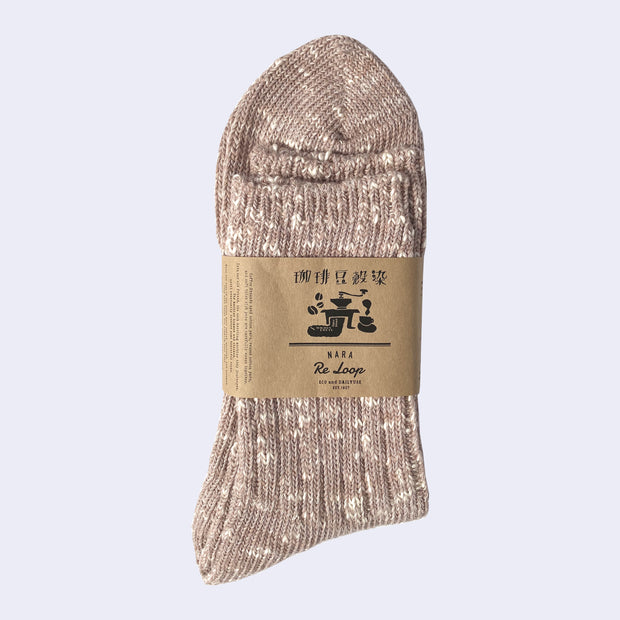 Cotton crew socks thickly knit with a light  brown and white thread. Each color is mixed.