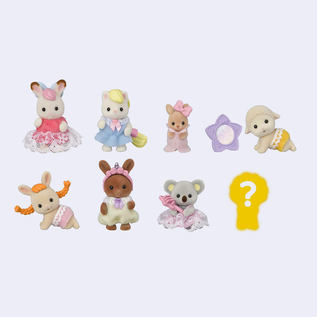 All 7 options for Calico Critter Baby Hair Fun blind bag, a variety of cute flocked animal figures dressed in lacy clothes and with hair accessories.