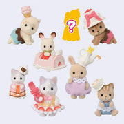 7 small flocked figures of animals in fotea party/baked themed outfits. Animals include: bunnies, sheep, chipmunks, and cats. One figure is silhouetted to indicate a  mystery option.