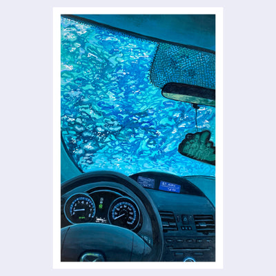 Painting of the inside of a car going through a car wash, with blue soap illuminating the car.