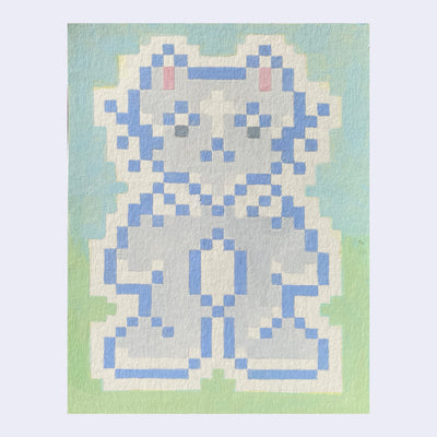 Painting of an 8bit pixel style cat, outlined in blue on green background.