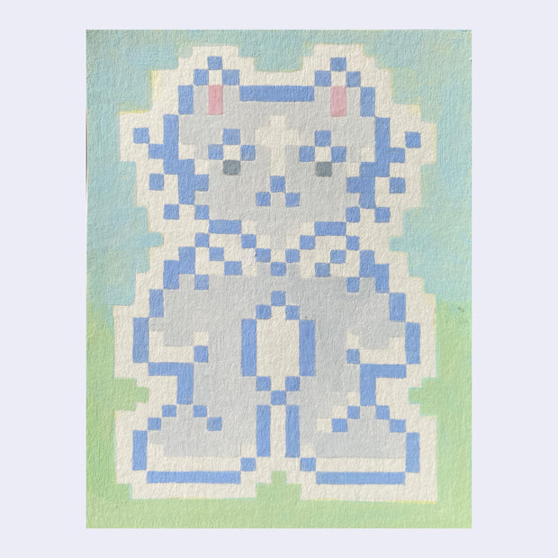 Painting of an 8bit pixel style cat, outlined in blue on green background.