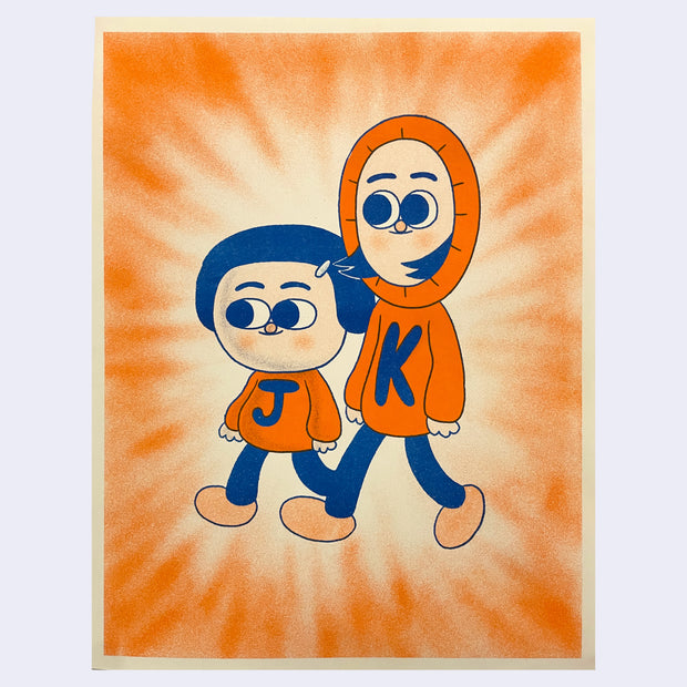 Orange and blue ink risograph print of 2 cartoon characters, one short and the other tall. One wears a sweater that says "J" on it and the other wears a "K" on a hoodie.