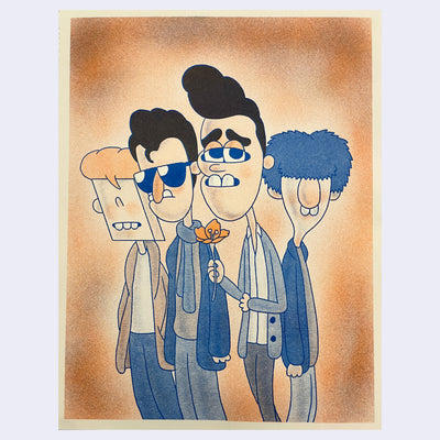 Risograph print of 4 men, possibly members of The Smiths or a similar style band. The main member holds a flower and has a large underbite.