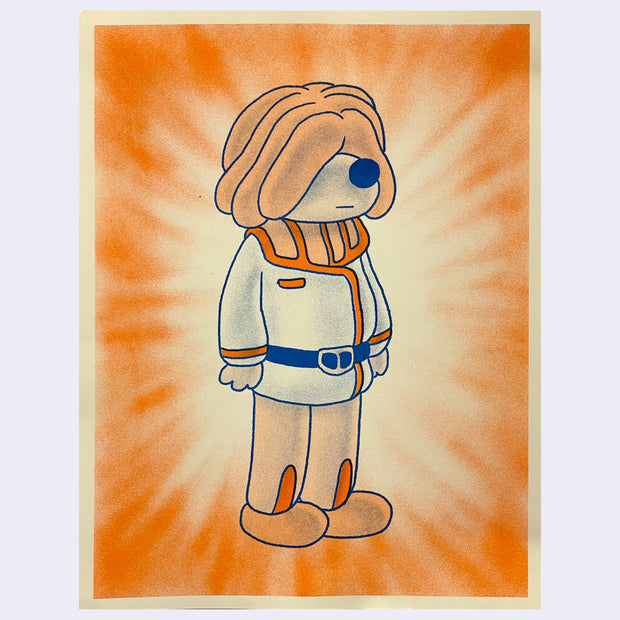 Risograph print in orange and blue of a dog standing and wearing a space-suit like outfit. The dog has a thick mop-like hair covering its eyes and rest of face aside from its snout.