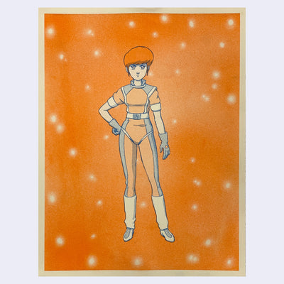 Orange and blue ink risograph print of an anime style character who would be in a mech anime, wearing a sleek body suit. She has short orange hair and stands with her hand on her hip with a serious expression.