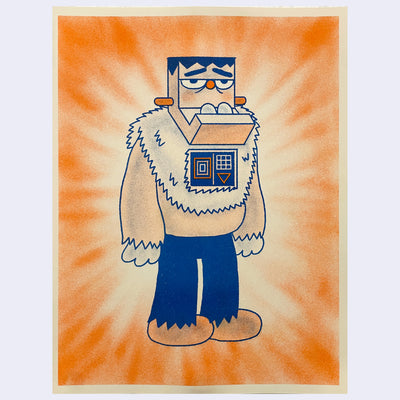 Orange and blue ink risograph print of a Frankenstein inspired creature standing with a blank expression and a screen on his chest.