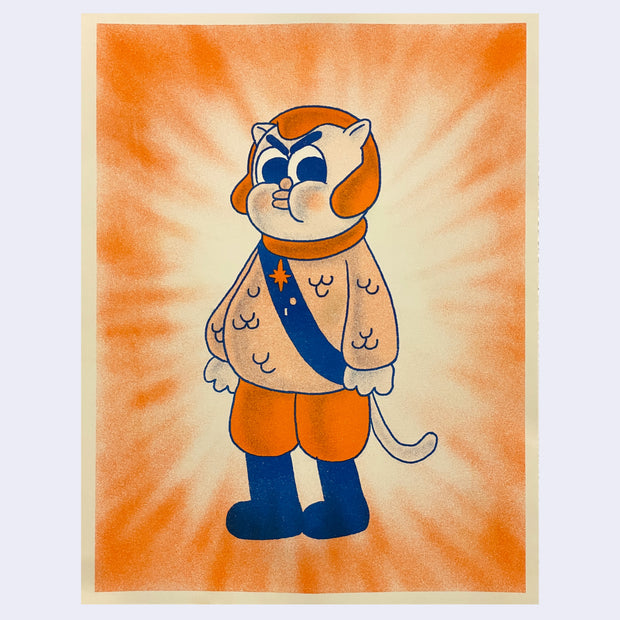 Orange and blue ink risograph print of a cat like character with an angry face and a person's body, standing in boots and a sweater.