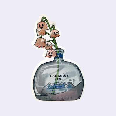 Die cut sticker of a small bottle labeled "Gay Goose" with a bouquet of flowers with various expressions.