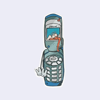 Die cut illustrated sticker of a flip cell phone with a small angel laying in the screen and a charm of 2 bunnies attached to the side of the phone.