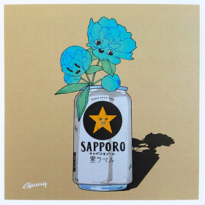 Illustration on light tan background of a silver can of beer, labeled like Sapporo with a star logo with a smiling cartoon face. 2 blue flowers are placed inside the can, with cartoon faces.