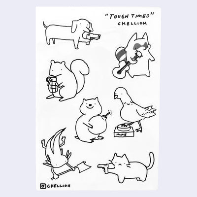 Black line art sheet of stickers of simply drawn animals holding weapons, such as a cat with a gun, a squirrel with a grenade and a pigeon with a nuke button.