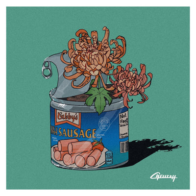 Illustration on teal blue background of a can of Vienna Sausages, with the top lid mostly peeled back and a small bouquet of orange mum flowers peeping out. A small sausage with a wide mouthed face can be seen inside the can.