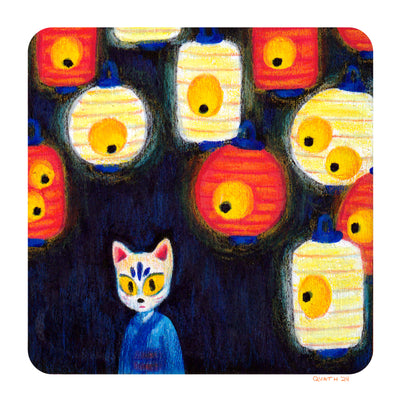 Colored pencil illustration of many lit up paper lanterns, red and white with bright yellow eyes. All eyes look down at a white cat with matching yellow eyes and a blue robe.