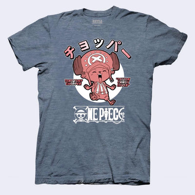 Greyish blue heather t-shirt with a graphic of Chopper from One Piece, jumping excitedly with his eyes closed and Kanji written atop his head. 