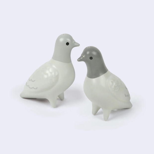 Clay Pigeons, a set of 2 gray matte ceramic salt and pepper shakers shaped like pigeons.