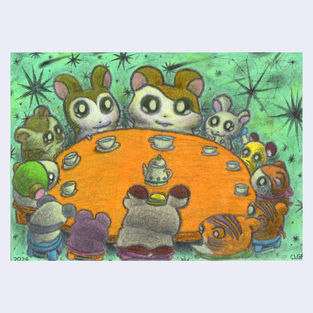 Illustration on green paper of a large round orange table. At it, sit 12 hamsters from Hamtaro, all with their own tea cup and a single teapot in the middle.