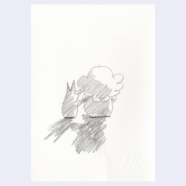 Graphite illustration of a girl sitting, viewed from the back with a dog touching her back.