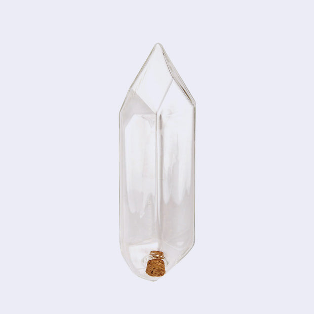 Water From a Crystal, a crystal shaped glass container that you fill with water and place in a potted plant to self water over the course of 3-4 days. 